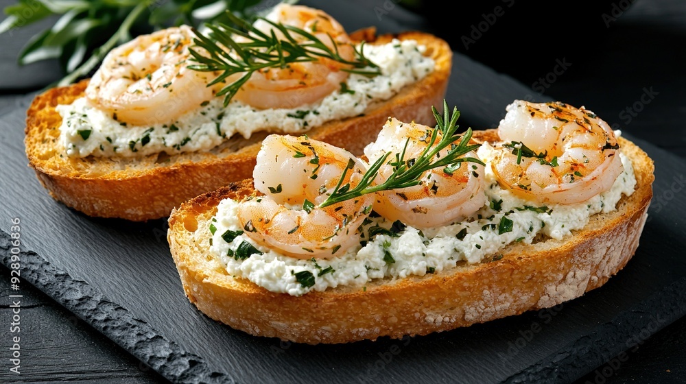 Close-up of bread with shrimp and rosemary Close-up of bread with shrimp and rosemary