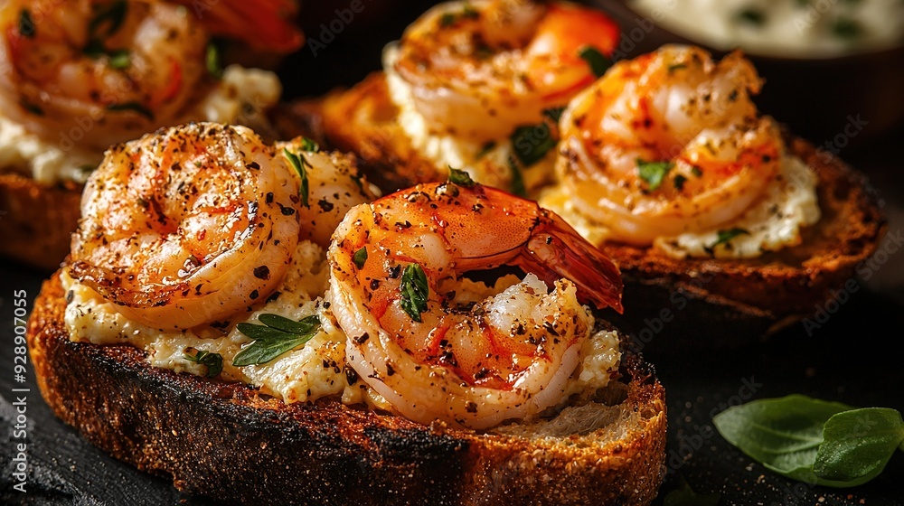 a close-up slice of bread with succulent shrimp perched on top, and a background bowl of rich sauce a close-up slice of bread with succulent shrimp perched on top, and a background bowl of rich sauce
