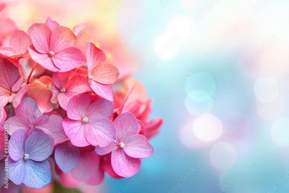 A vibrant cluster of pink hydrangea flowers against a dreamy, blurred background, perfect for spring-themed designs and nature lovers. A vibrant cluster of pink hydrangea flowers against a dreamy, blurred background, perfect for spring-themed designs and nature lovers.