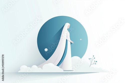 A woman in a white dress and hijab stands in front of a blue circle with a single star and a small sphere above her. The image has a paper cut-out style. photo