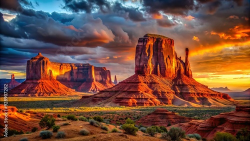 Dramatic sunset illuminates towering red rock formations, casting deep shadows and highlighting rust-hued striations in the ancient, weathered landscape of the American Southwest. photo