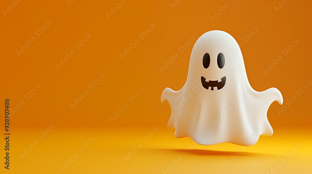 A white ghost with a jack-o'-lantern face floats against a yellow background. A white ghost with a jack-o'-lantern face floats against a yellow background.