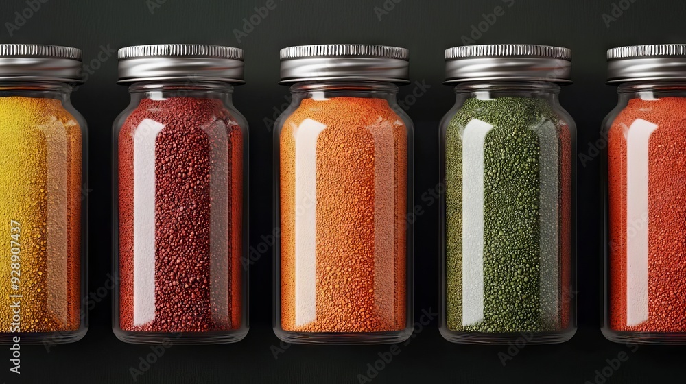 Assorted spices in glass jars with metal lids on dark background
Assorted spices in glass jars with metal lids on dark background