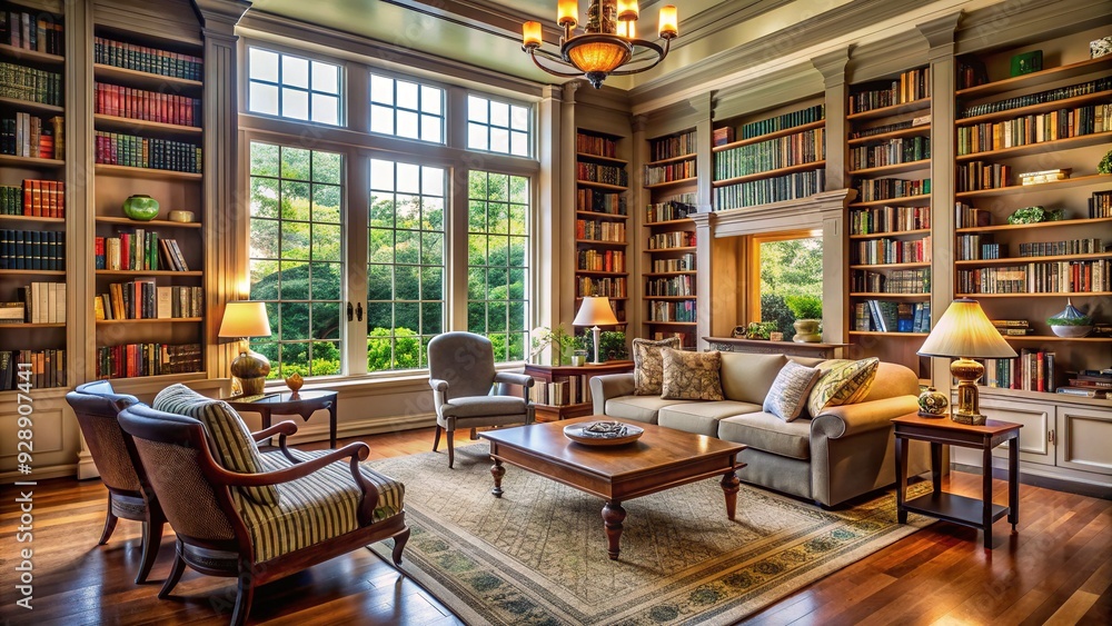 Bibliophile's Sanctuary: Sophisticated, knowledgeable, serene, natural light, muted colors Bibliophile's Sanctuary: Sophisticated, knowledgeable, serene, natural light, muted colors
