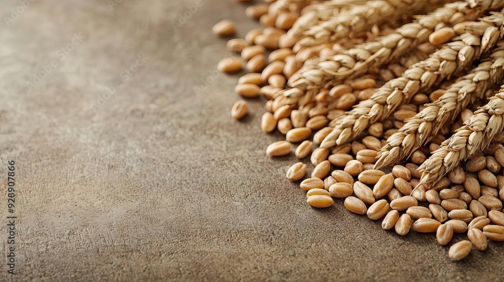 Fototapeta premium Golden wheat ears with scattered grains on textured surface 