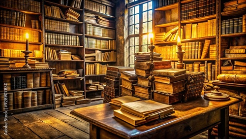 Dusty vintage documents and yellowed papers overflowing from worn leather-bound tomes in a dimly lit, centuries-old repository, evoking a sense of forgotten history.