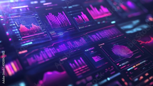 A computer screen with many different colored graphs and numbers. Concept of complexity and information overload, as the various graphs and numbers are spread out across the screen