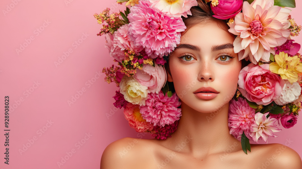 A spring floral portrait featuring a young, beautiful woman adorned with a wreath of colorful peonies and dahlias, set against a pink background. A spring floral portrait featuring a young, beautiful woman adorned with a wreath of colorful peonies and dahlias, set against a pink background.