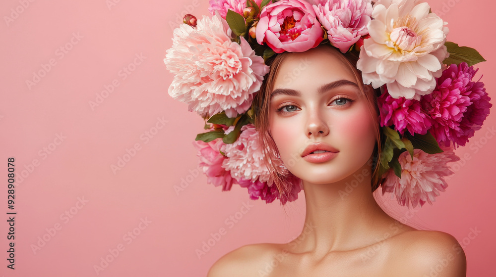 A spring floral portrait featuring a young, beautiful woman adorned with a wreath of colorful peonies and dahlias, set against a pink background. A spring floral portrait featuring a young, beautiful woman adorned with a wreath of colorful peonies and dahlias, set against a pink background.