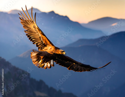 golden eagle flying mountain landscape natural sunlight shining feathers