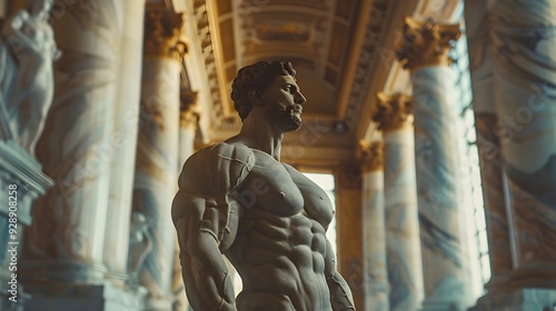 Wallpaper Mural Marble Bodybuilder Statue Posing in Grand Classical Hall with Towering Columns Torontodigital.ca