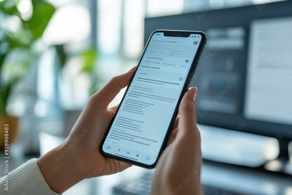 A person is holding a cell phone and looking at the screen. The phone is displaying a message or an app. The person appears to be focused on the content on the screen A person is holding a cell phone and looking at the screen. The phone is displaying a message or an app. The person appears to be focused on the content on the screen