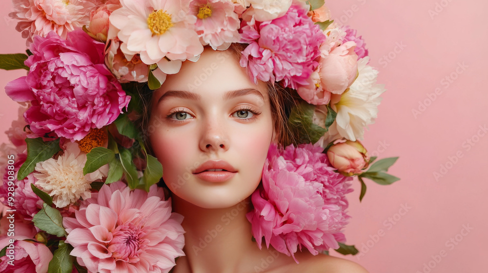 A spring floral portrait featuring a young, beautiful woman adorned with a wreath of colorful peonies and dahlias, set against a pink background. A spring floral portrait featuring a young, beautiful woman adorned with a wreath of colorful peonies and dahlias, set against a pink background.