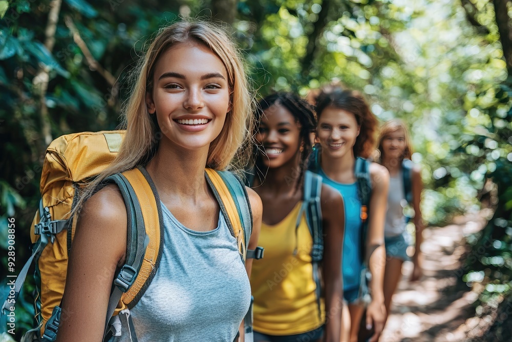 Four friends enjoy an adventurous hike through a lush forest, showcasing friendship and outdoor exploration. Four friends enjoy an adventurous hike through a lush forest, showcasing friendship and outdoor exploration.