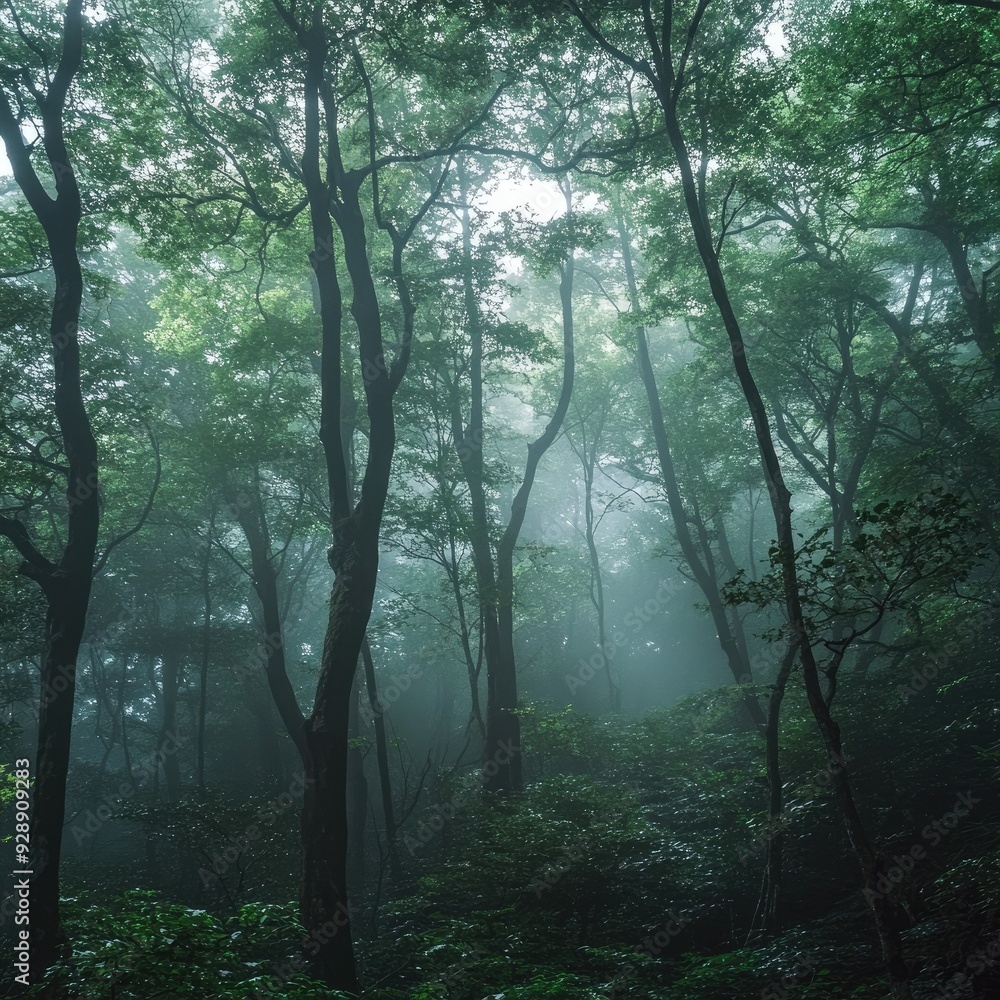 Misty forest scene with tall trees and dense greenery, creating a serene and tranquil atmosphere in nature. Misty forest scene with tall trees and dense greenery, creating a serene and tranquil atmosphere in nature.
