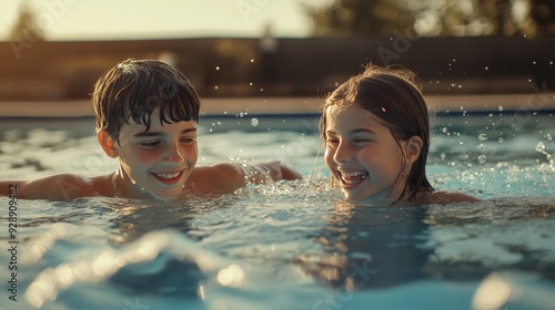 high-resolution, ultra-realistic, 4K, cinematic image of teenager boy and girl enjoy in swipping pool photo