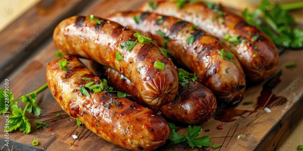 Fried grilled pork sausages on a plate Fried grilled pork sausages on a plate