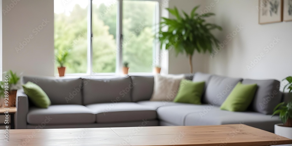 A wooden table is in the foreground with a blurred gray sofa and green plants in the background. A wooden table is in the foreground with a blurred gray sofa and green plants in the background.