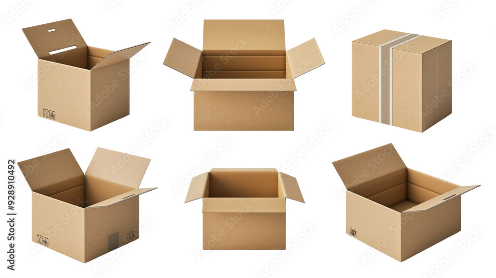 Set of cardboard moving boxes on transparent, PNG or white background for warehouse mockup. Storage, relocation hose moving boxes, package shipping, logistic concepts. Set of cardboard moving boxes on transparent, PNG or white background for warehouse mockup. Storage, relocation hose moving boxes, package shipping, logistic concepts.