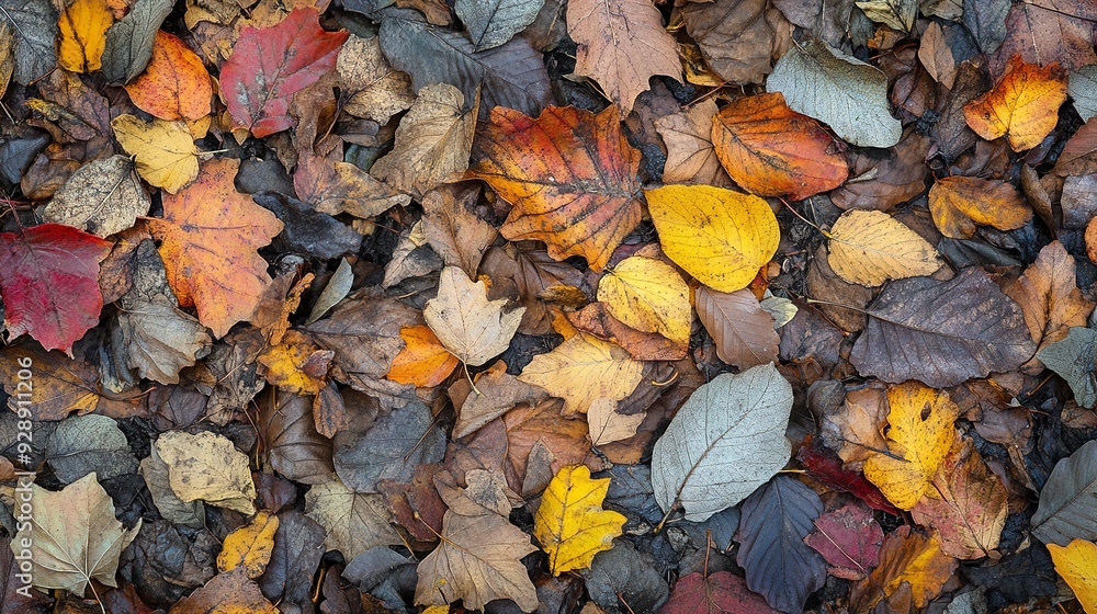 The forest floor displays a vibrant array of fallen leaves, showcasing their diverse colors and textures during the autumn season \ The forest floor displays a vibrant array of fallen leaves, showcasing their diverse colors and textures during the autumn season \