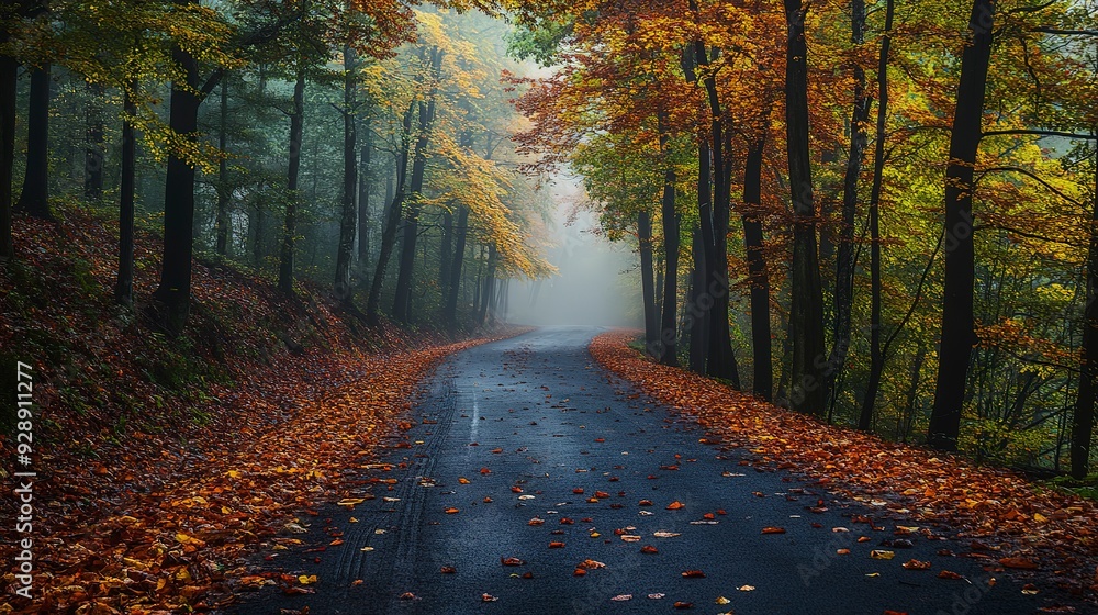 Fototapeta premium Scenic autumn road with fallen leaves and colorful trees, creating a picturesque pathway through the forest under a misty atmosphere.