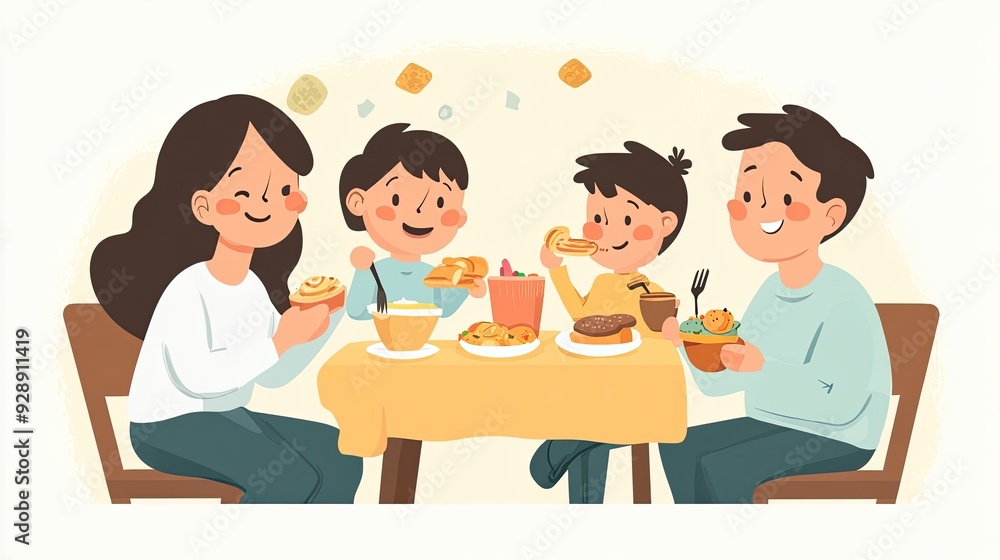 A happy family eating breakfast together on the table in the kitchen room A happy family eating breakfast together on the table in the kitchen room