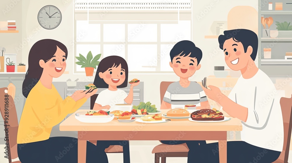 A happy family eating breakfast together on the table in the kitchen room A happy family eating breakfast together on the table in the kitchen room
