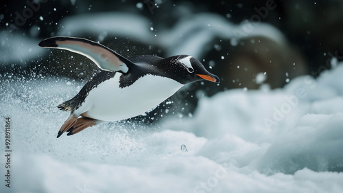 penguin diving into the white surface,