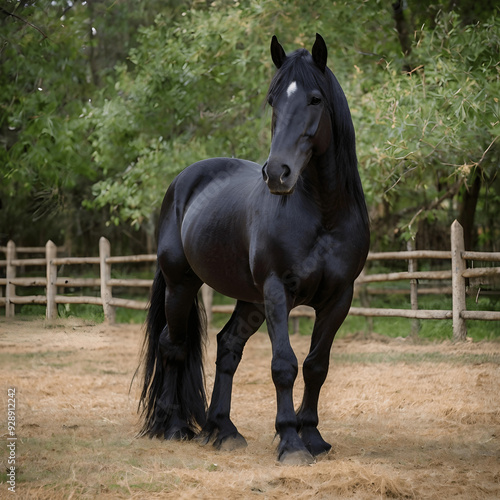 black friesian horse in the field