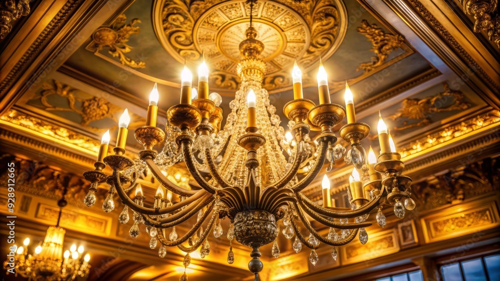 Obraz premium Elegant chandelier suspended from ornate ceiling, softly illuminates lavish interior with warm, golden glow, exuding refinement and sophistication in upscale ambiance.