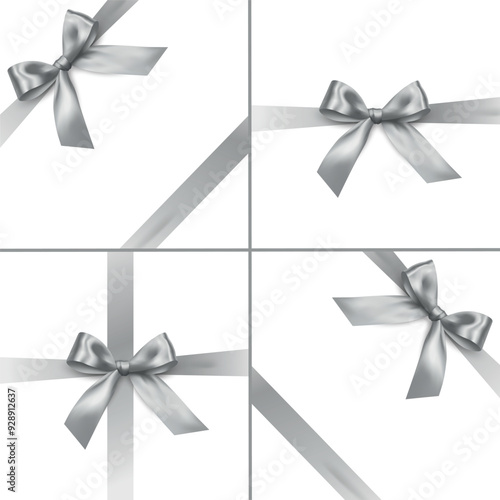 Vector realistic shiny silver ribbon with bow design collection- gift wrapping decoration on white background