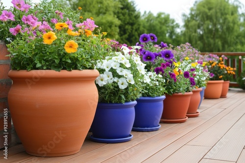 Wallpaper Mural Colorful flowers in pots on a deck, creating a vibrant and inviting outdoor space filled with natural beauty. Torontodigital.ca