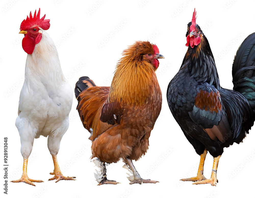 Fototapeta premium collection three white black brown chicken animal bundle isolated white background transparent png