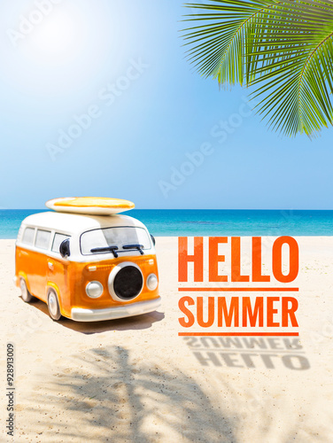 Hello summer sing on tropical beach with orange van, outdoor day light, summer holiday and vacation photo