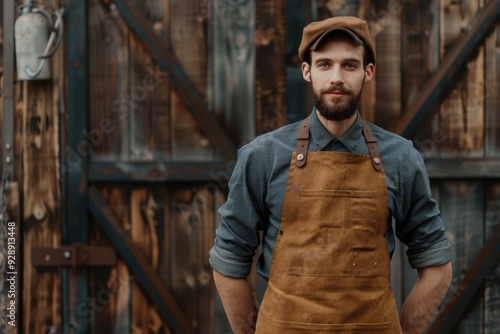 A person wearing an apron and sporting a beard, possibly in a workshop or kitchen setting