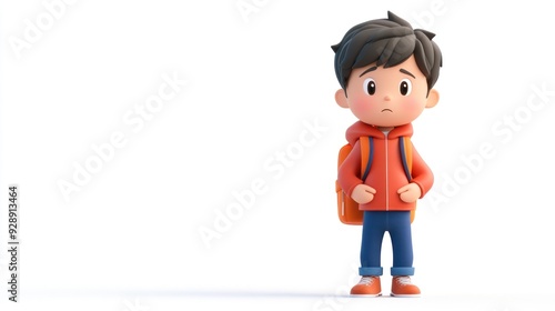 Cute Anime Boy Character with Backpack in Orange Hoodie and Blue Jeans