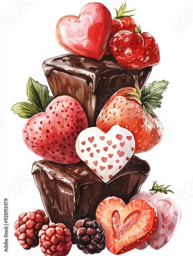 Watercolor Painting of Chocolate and Strawberries for Valentines Day