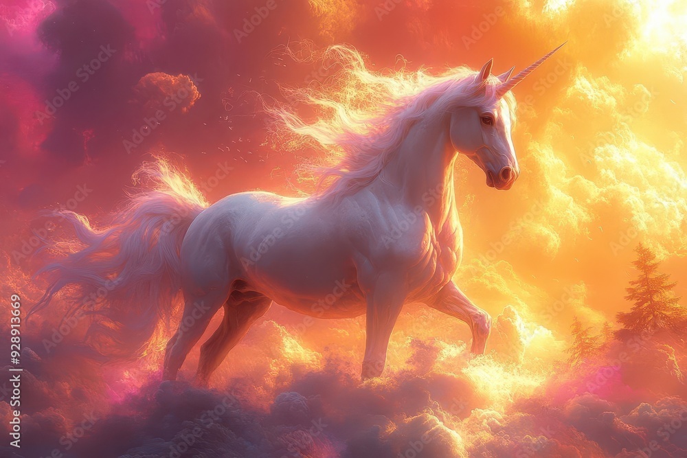 majestic unicorn with flowing mane stands atop misty mountain ethereal rainbow sky enchanted forest backdrop digital fantasy illustration majestic unicorn with flowing mane stands atop misty mountain ethereal rainbow sky enchanted forest backdrop digital fantasy illustration