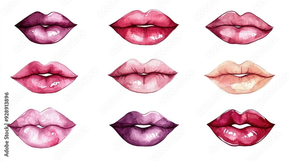 Hand Drawn Watercolor Pattern of Women’s Lips Isolated on White Background - Fashion and Beauty Illustration for Beauty Salon, Make-Up Studio, and Makeup Artist Hand Drawn Watercolor Pattern of Women’s Lips Isolated on White Background - Fashion and Beauty Illustration for Beauty Salon, Make-Up Studio, and Makeup Artist