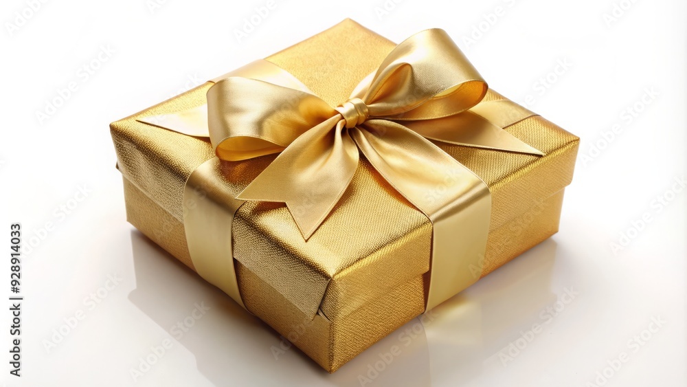 Obraz premium Elegant gold wrapping paper and satin ribbon adorn a refined gift box, symbolizing sophistication and opulence, perfect for special occasions or pampering someone special.