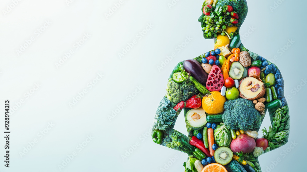 An outline of the human body filled with images of food and vitamins. An outline of the human body filled with images of food and vitamins.