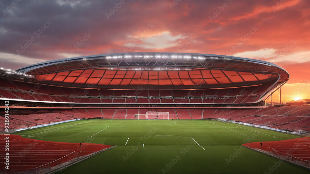 Obraz premium A soccer stadium filled with vibrant green grass, surrounded by towering stands.