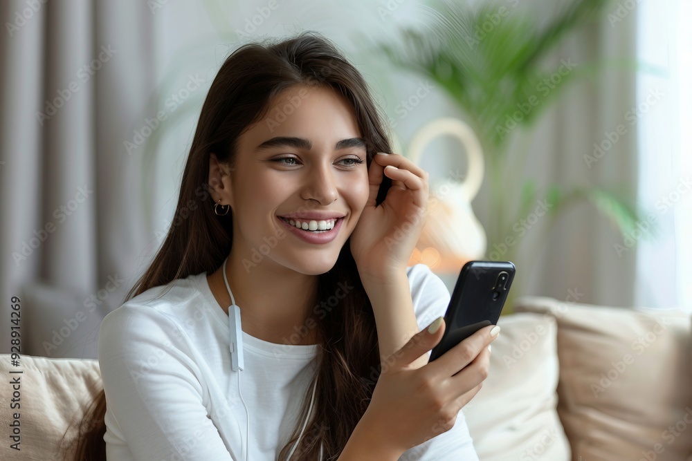 Happy Young Woman Using Smartphone and Earbuds at Home Happy Young Woman Using Smartphone and Earbuds at Home