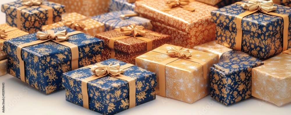 A pile of wrapped gifts, some with blue and gold patterned paper, others with brown and gold paper. A pile of wrapped gifts, some with blue and gold patterned paper, others with brown and gold paper.