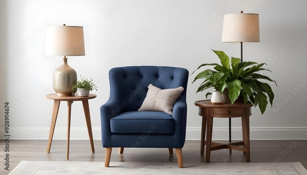 Fototapeta premium A navy blue upholstered armchair with a tufted back and wooden legs was placed next to a wooden side table with a potted plant and lantern.