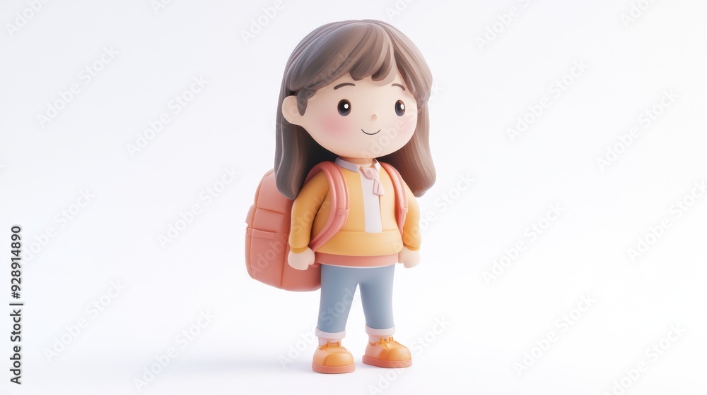 Adorable Cartoon Girl with Backpack Ready for Adventure in Minimalist Background Adorable Cartoon Girl with Backpack Ready for Adventure in Minimalist Background