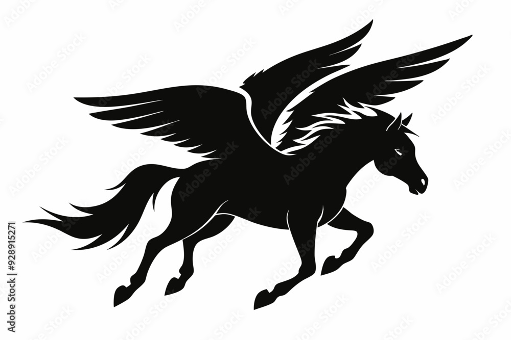 Fototapeta premium Horse flying silhouette, pegasus flying horse with wings vector 