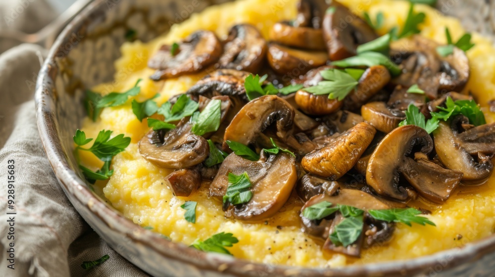 Creamy polenta is served warm, topped with sauteed mushrooms and garnished with fresh herbs, creating a comforting dish. Creamy polenta is served warm, topped with sauteed mushrooms and garnished with fresh herbs, creating a comforting dish.