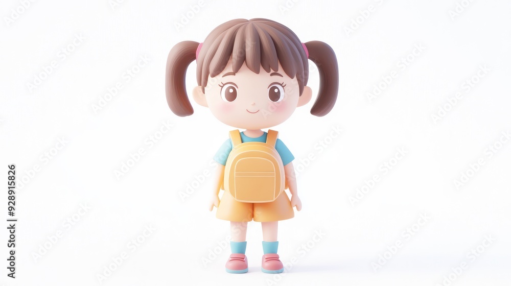 Adorable Cartoon Girl with Pigtails and Backpack on White Background Adorable Cartoon Girl with Pigtails and Backpack on White Background