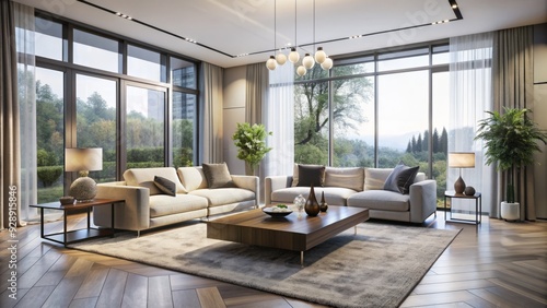 Wallpaper Mural Elegant modern living room with sleek white walls, plush area rug, and floor-to-ceiling windows bathing the space in natural light and sophistication. Torontodigital.ca